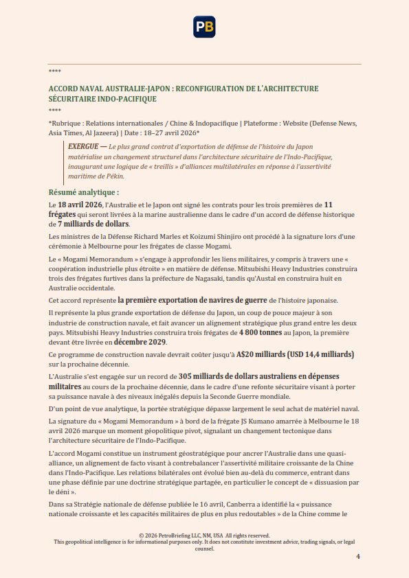 Extrait PetroBriefing — Accord naval Australie-Japon